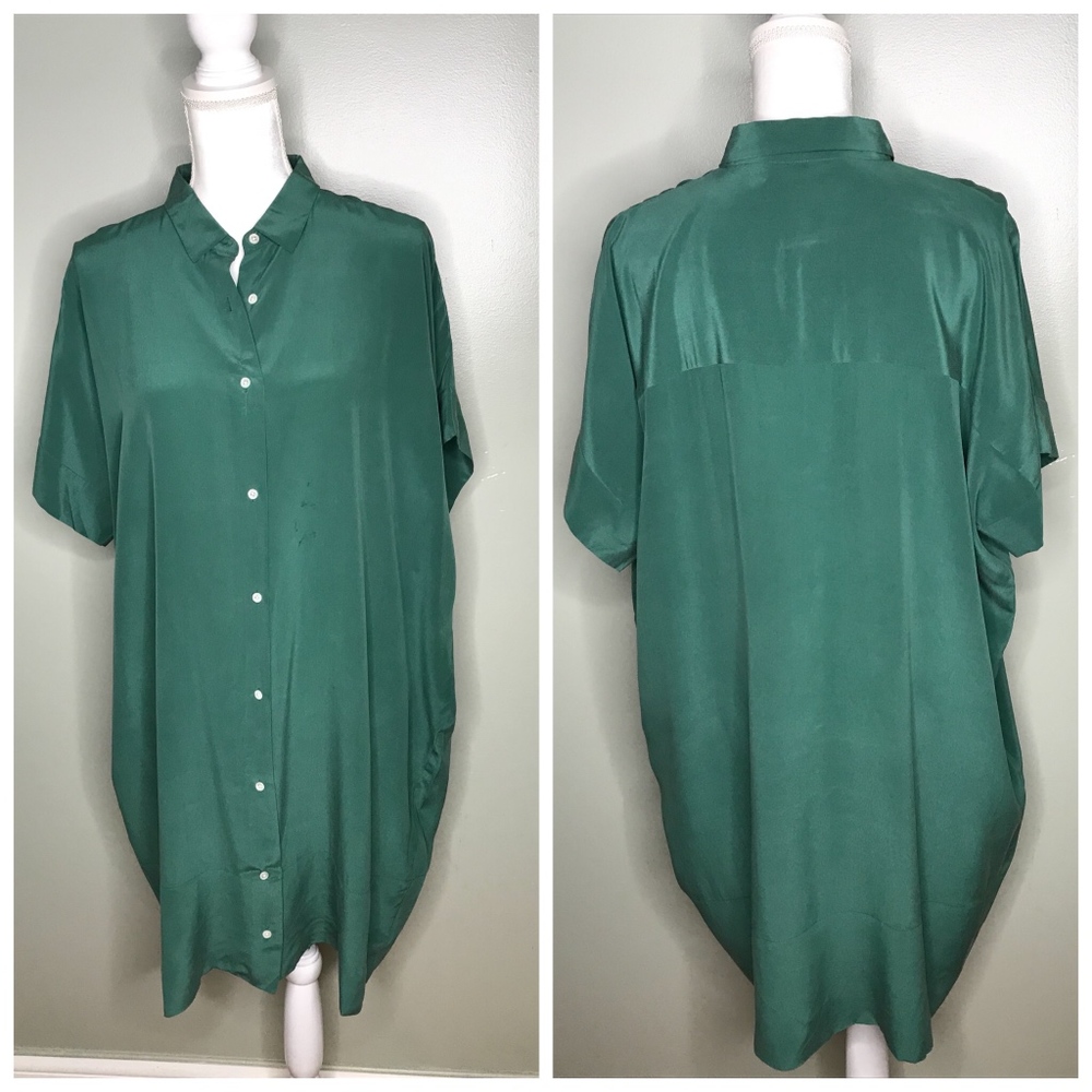 Everlane Womens Silk Square Green Shirt Dress 14